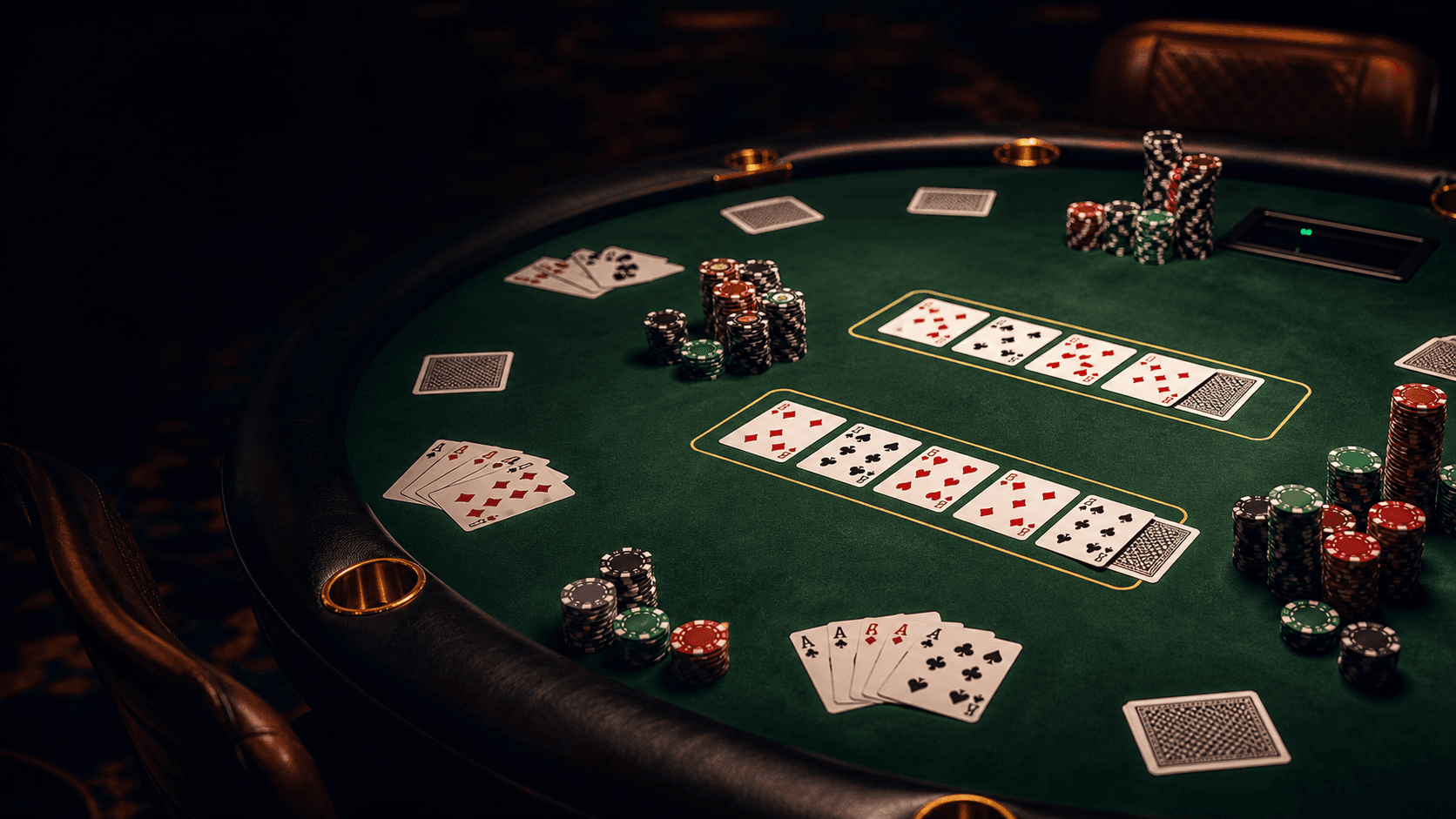 Two boards and multiple hands crowd the felt in a live bomb-pot scenario.